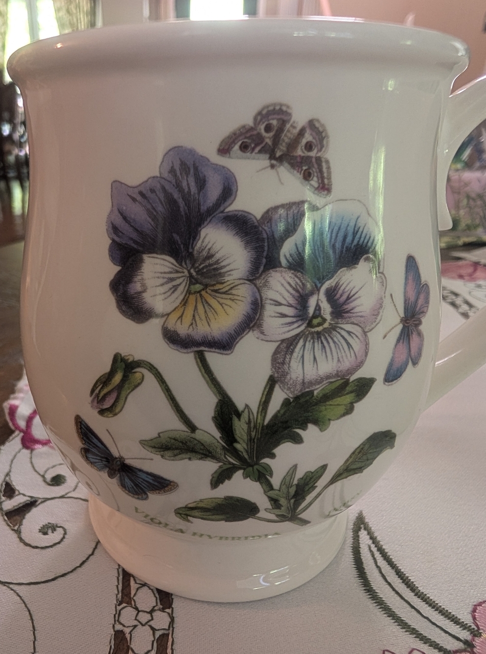 Portmeirion Botanic Garden British Floral Pansy Ceramic Coffee Tea Mugs Set Two!